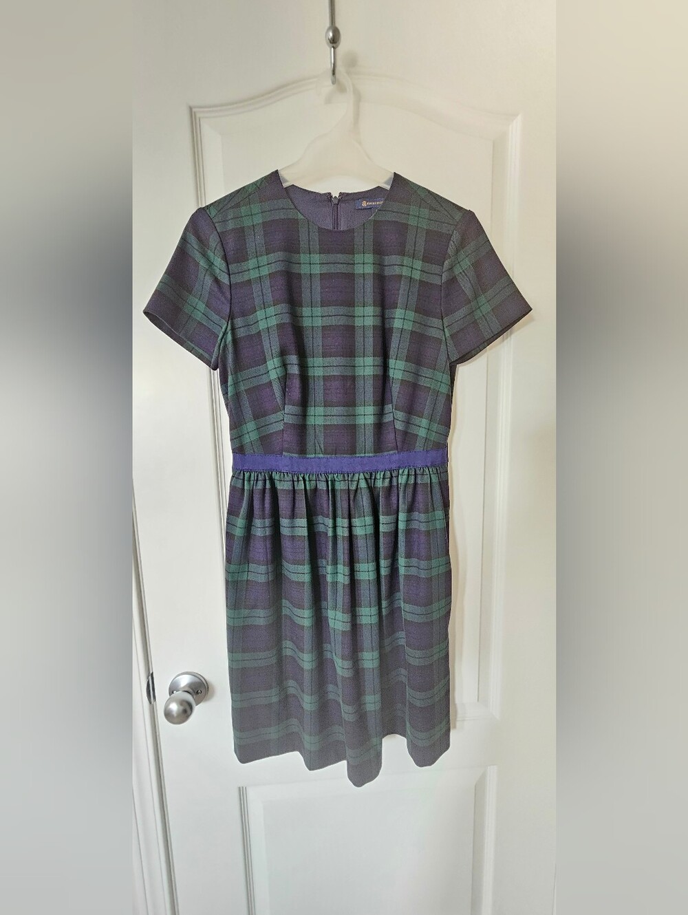 Plaid Short Sleeve Fit-and-Flare Dress in Navy and Green